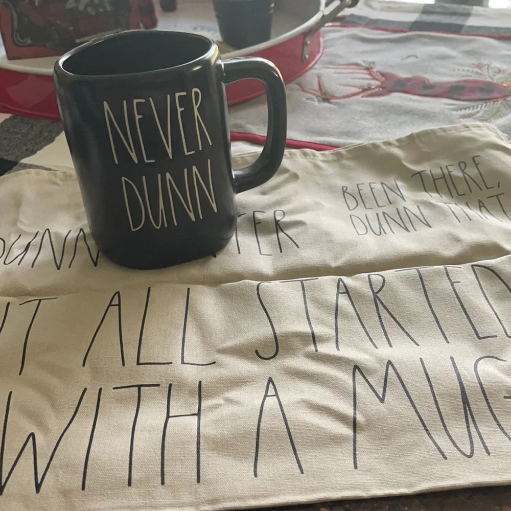 Rae Dunn black mug & tea towel set